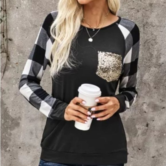 Women's plaid and sequin long sleeve tee - Picture 2 of 7